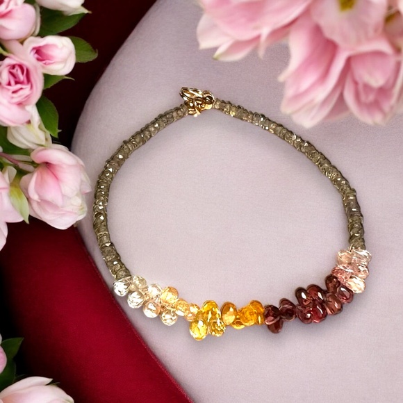 Natural Green , Plum and Yellow Sapphire Bracelet Handmade Solid 14K Yellow Gold - Picture 7 of 11